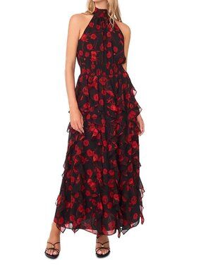 NWT 1.STATE Ruby Red Floral Cascade Ruffle Halter Maxi Dress L MSRP $109